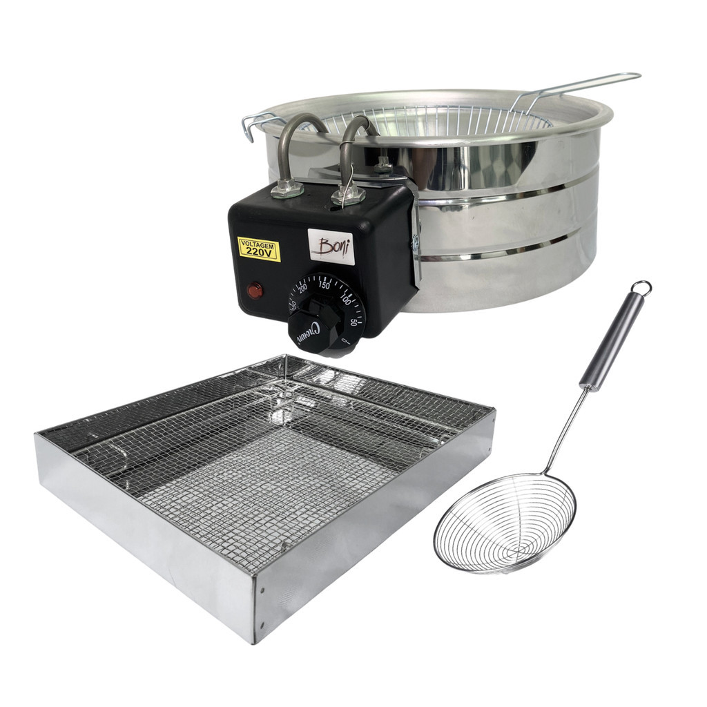 Fritadeira Elétrica Industrial Tacho 5 Litros Com Escorredor de Óleo e Escumadeira Inox Profissional