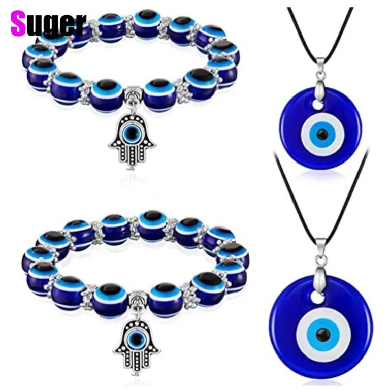 Kit Colar Pulseira pendentes olho turco vidro azul