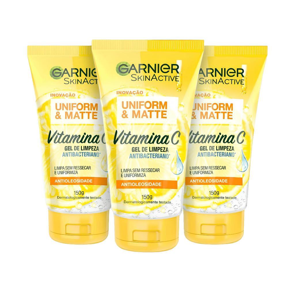 Kit 3 Gel de Limpeza Facial Antibacteriano Garnier Uniform E Matte Vitamina C, 150ml