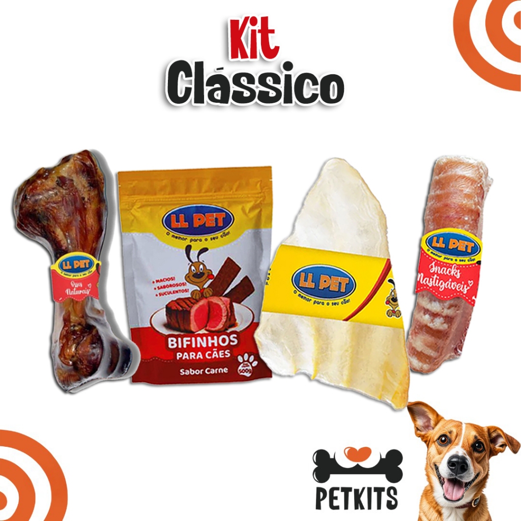 Petisco Natural Mordedor Kit Clássico para Cães(Orelha Bovina, Úmero Suíno, Traqueia Bovina, Bifinho