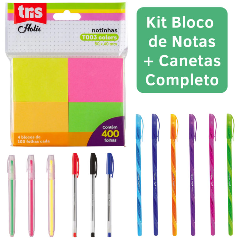 Kit Bloco de Notas Colorido Com Canetas Anotaçoes