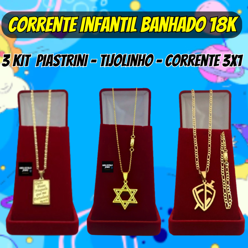 Kit com 3 Correntes Banhadas a Ouro: Piastrini, Tijolinho e Corrente 3×1  Adulto e Infantil com Ping