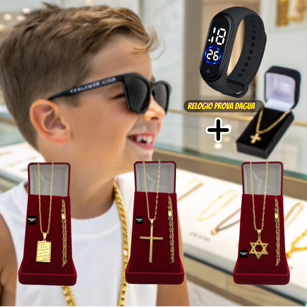 Corrente Masculina Infantil  Cordão Banhado Ouro 2mm Com Pulseira e Pingente + Relógio Digital Led P