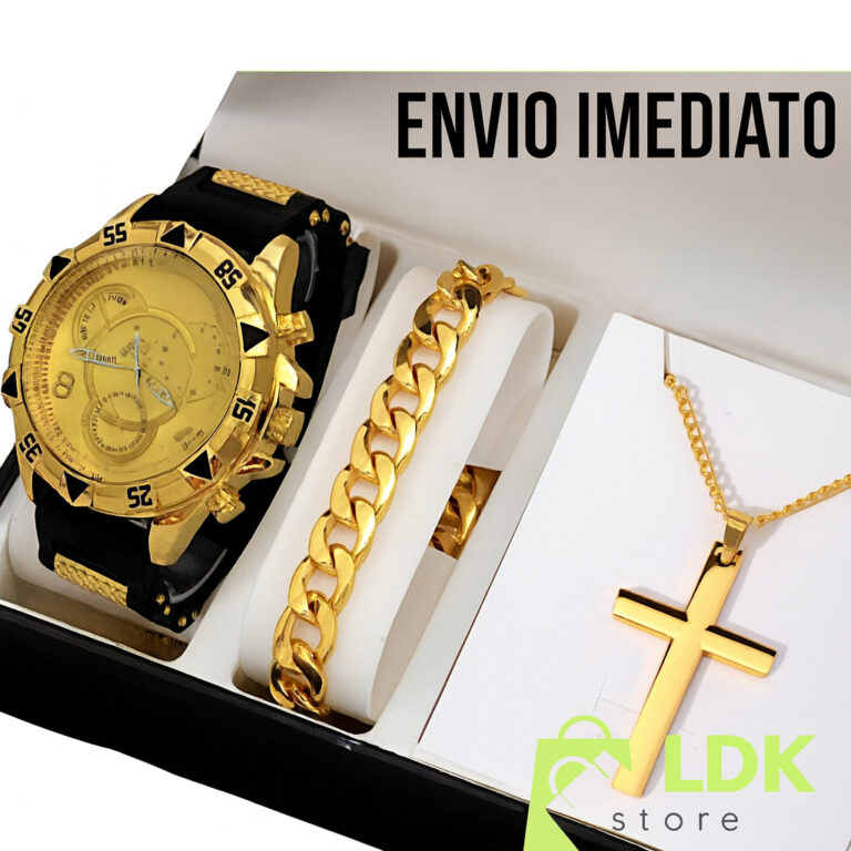 Kit Relogio Masculino Banhado Original + Colar com
