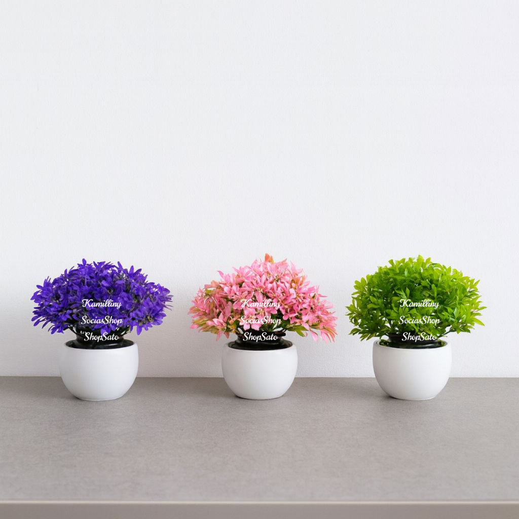 Mini Bonsai Colorido Artificial no Vasinho de Musgo Pequeno para Decorar e Enfeitar a Casa e Escritó