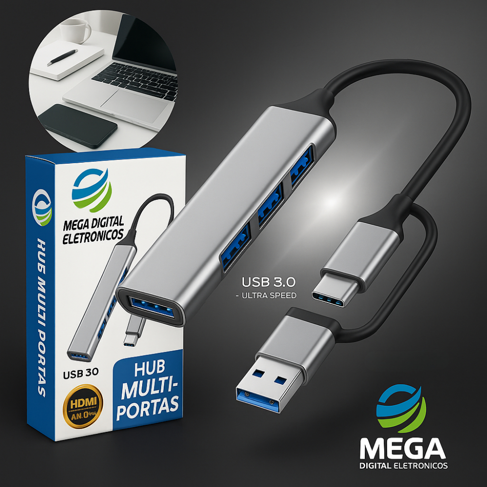 Hub Portátil USB-C 4 Portas USB 3.0 Adaptador Ultra Rápido 5Gbps Notebook, MacBook, Celular e Tablet