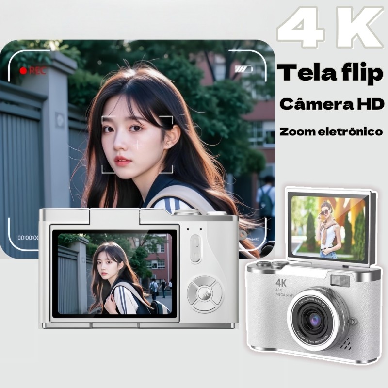 Câmera Digital 2025 NOVA 48MP com Tela Flip 4K 8X Zoom | Presente Estudante Portátil Selfie CCD
