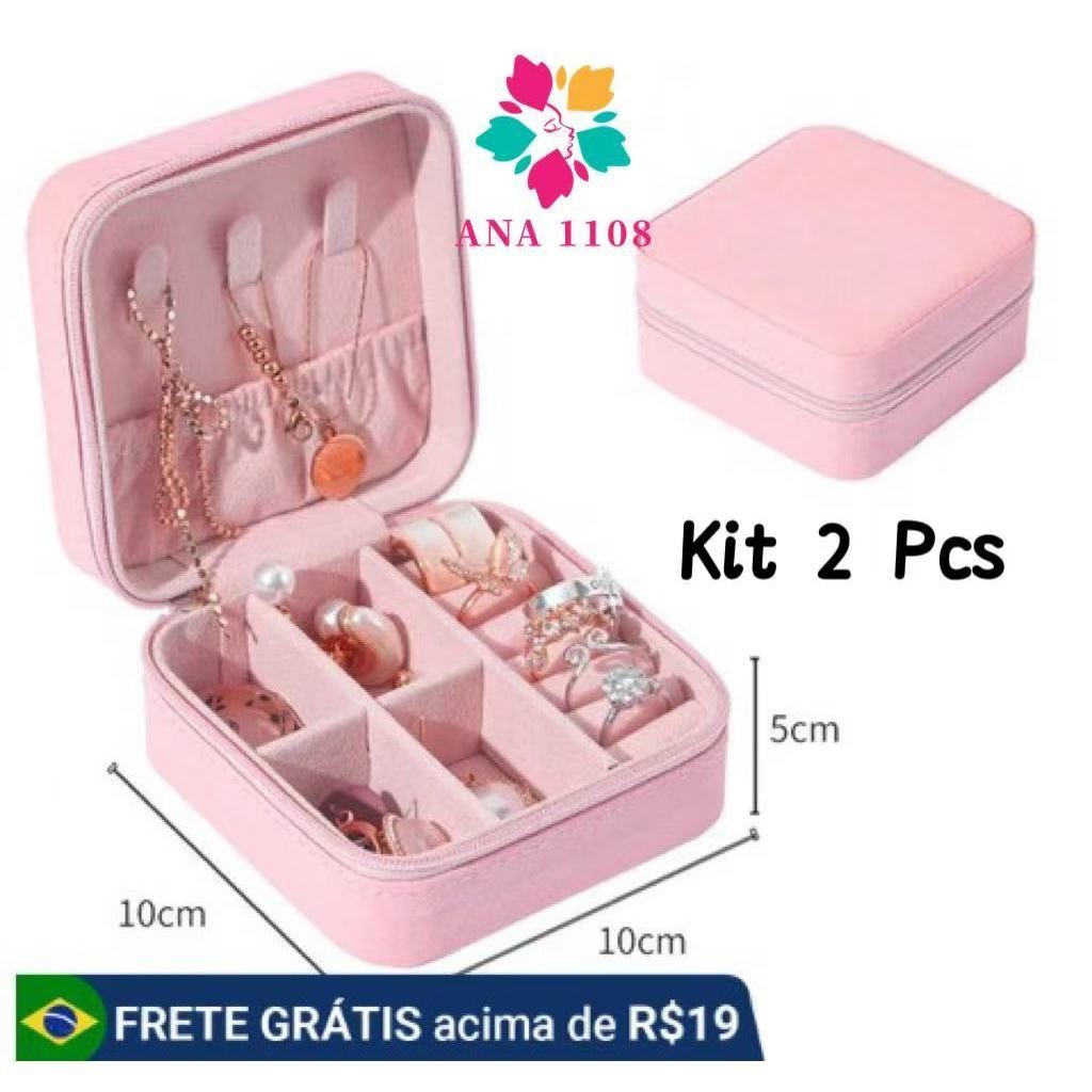 KIT 2 Porta Joia De Bolsa Para Viagem Portátil/caixa de armazenamento/bolsa/anel/colar COR BABY ROSA