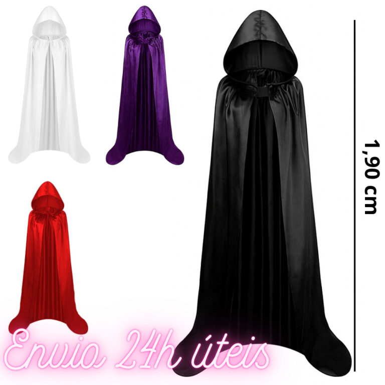 Capa Halloween Vampiro Adulto com Capuz em Cetim C