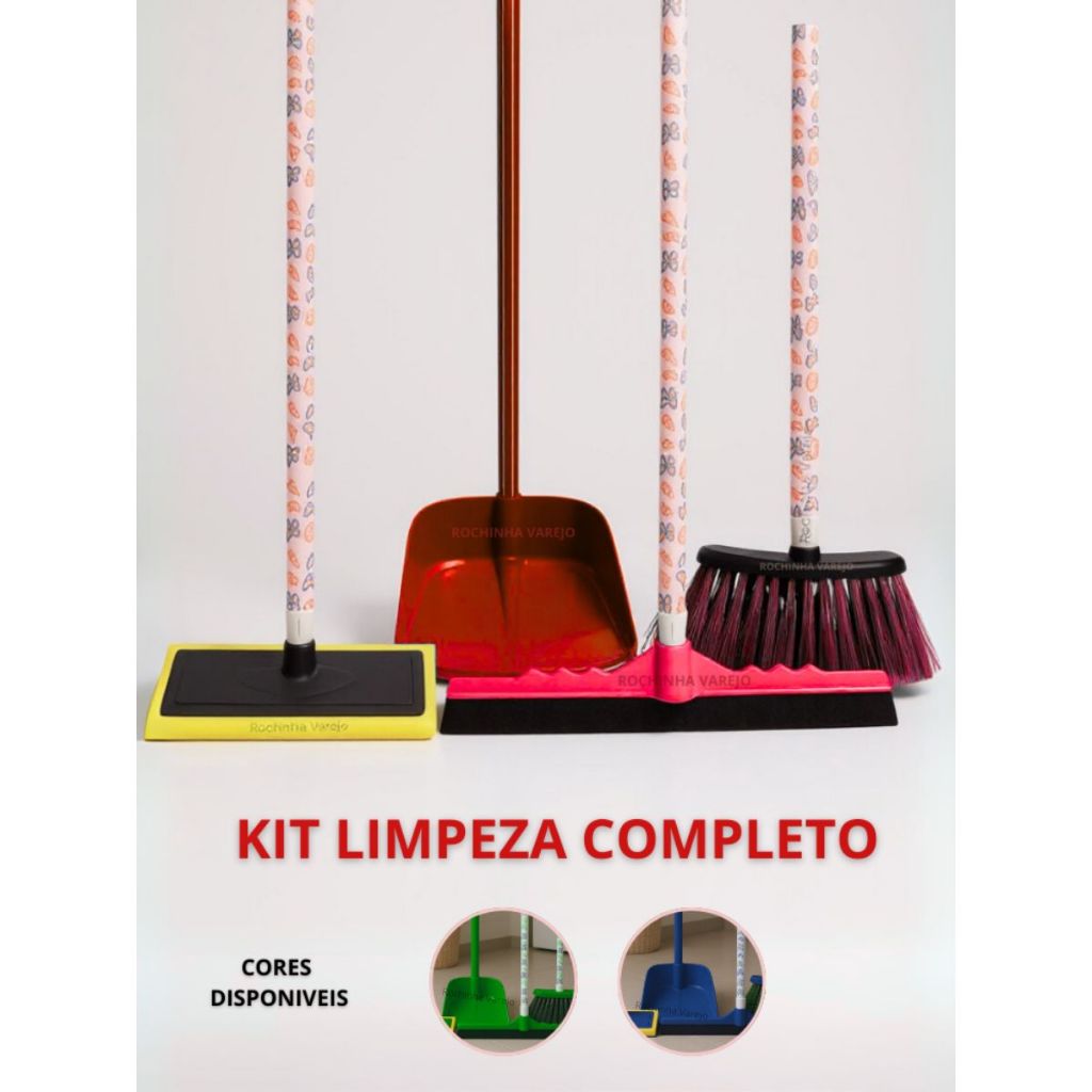 Kit Limpeza Completo: Vassoura, Rodo Duplo, Pá de Lixo e Lava Azulejo com Cabo