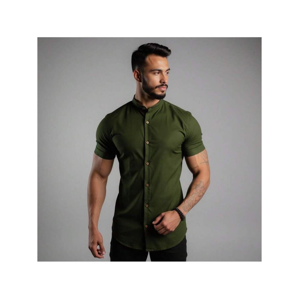 Camisa Social Masculina Gola Padre de Luxo Com Manga Curta Slim Fit Linho e Viscose Tecido Premium