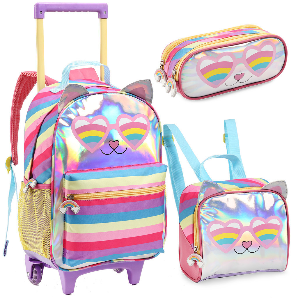 Kit Escolar Infantil Mochila de Rodinha Meninas Estojo e Lancheira