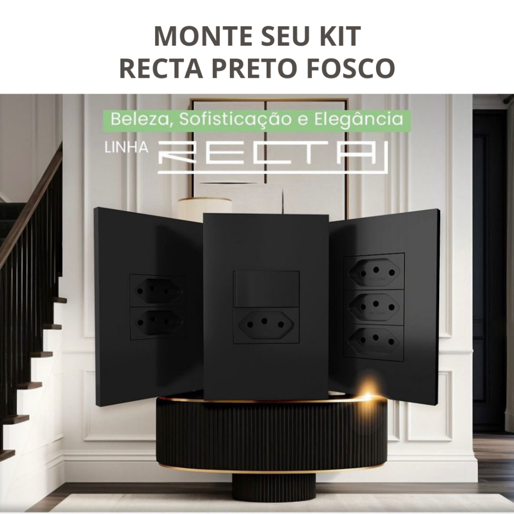 Tomada 10a 20a, Interruptor simples, paralelo, módulo cego, placa cega 4×2 Recta Preto fosco Blux