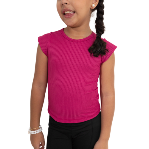 Blusa Feminina Infantil Canelada Manga Curta Gola