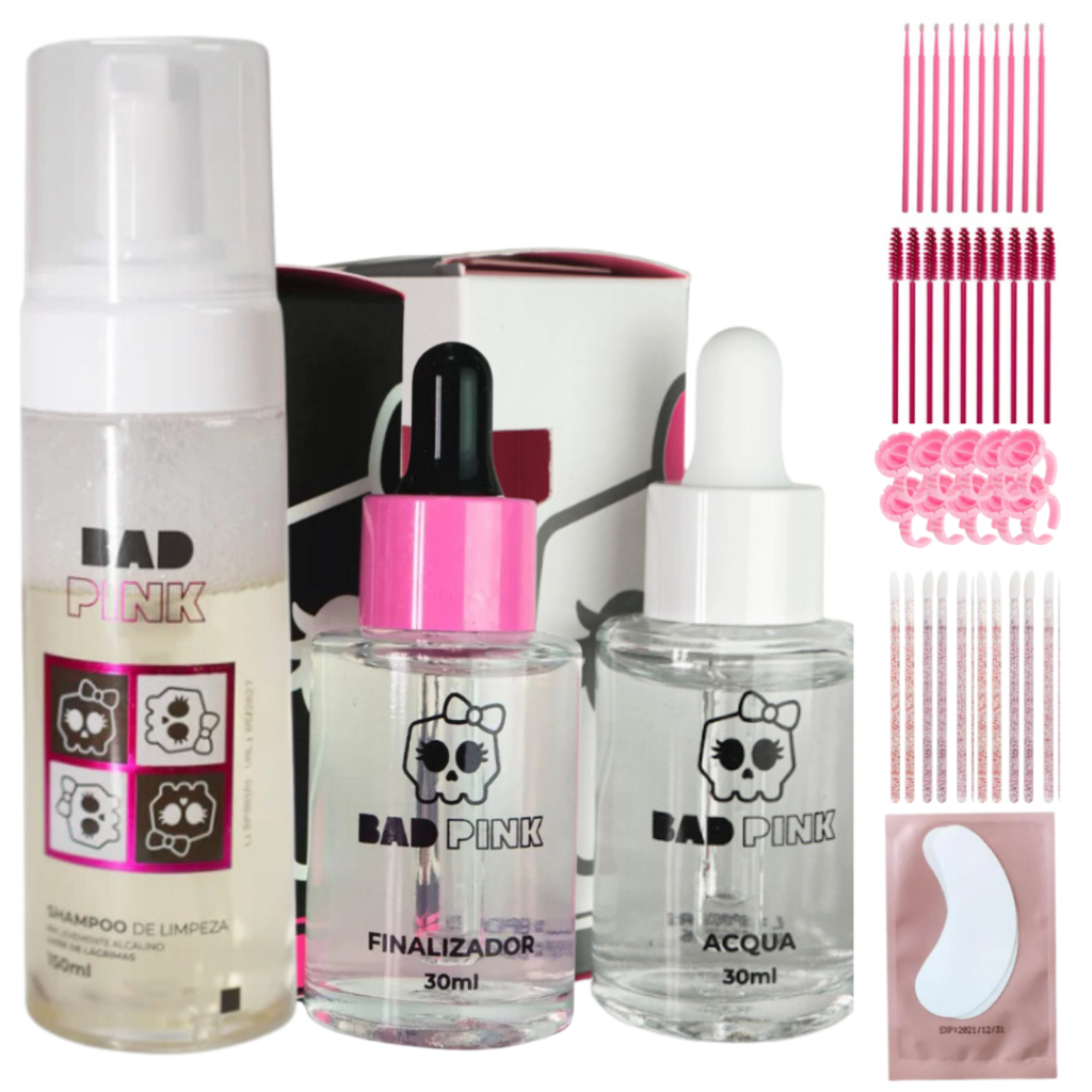 Kit Retenção Bad Pink para Extensão de Cílios – Espuma Finalizador e Aqua Primer