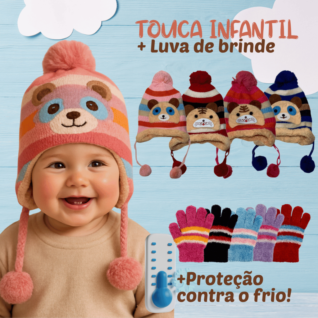 Kit Touca e Luva Bebe Com Pom Pom Forrada Quentinho Menino e Menina Para Inverno Frio Infantil