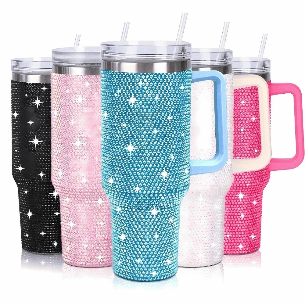 Copo Térmico 1200ml de Aço Inoxidável Strass Brilhante Com Tampa e Canudo