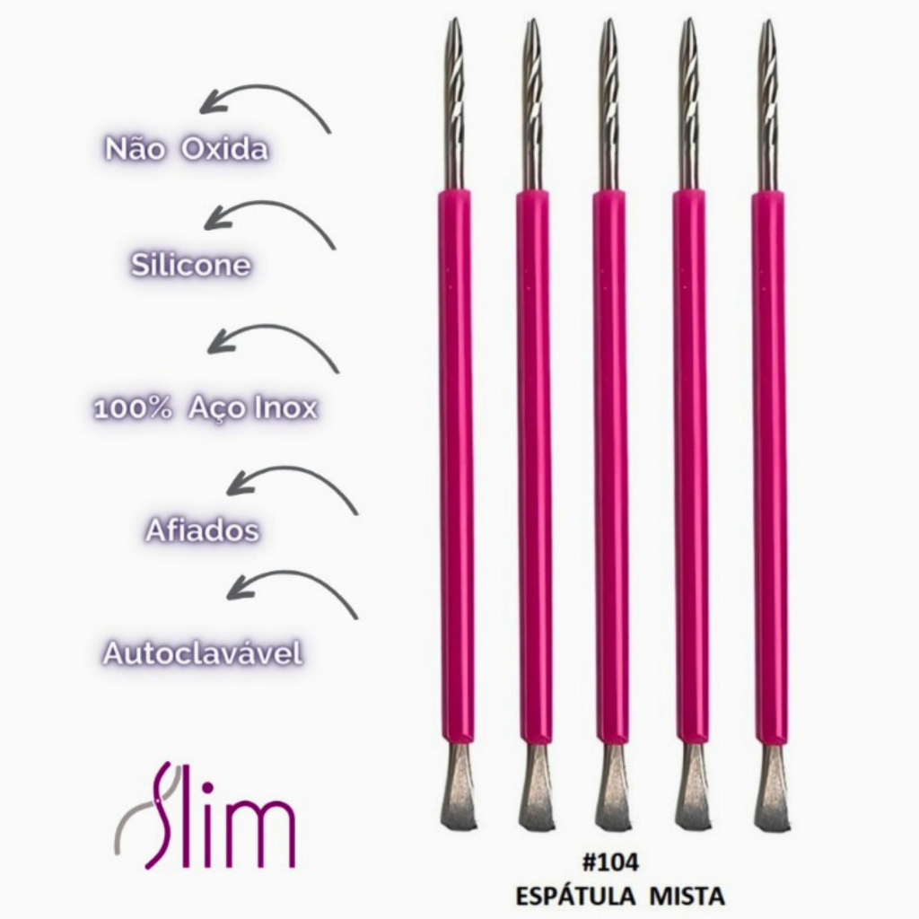 Kit 05 Espátulas Slim – Bastão Mista Unha Inox ROSA Com Silicone Cutelaria Manicure
