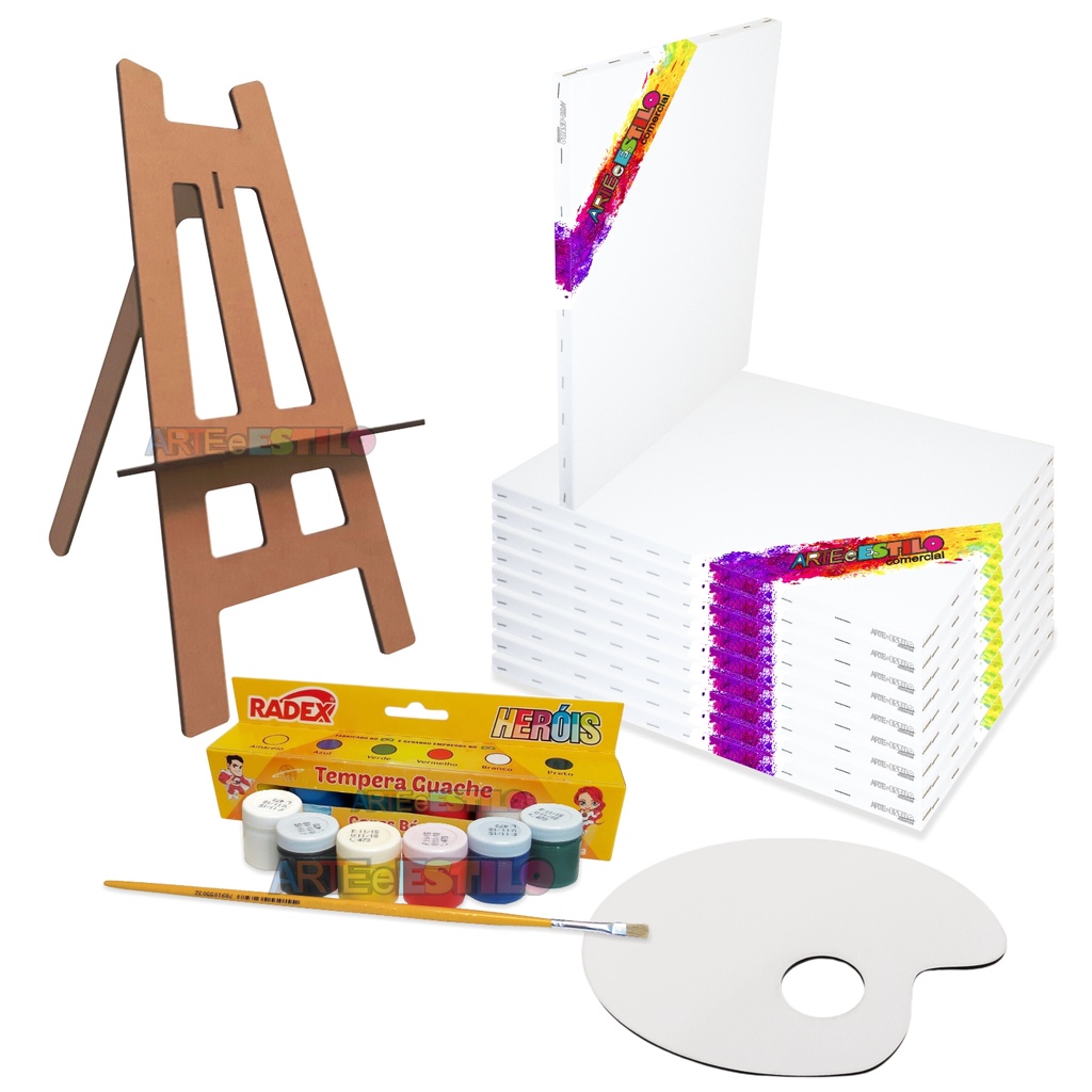 Kit 10 Telas Pintura 15×20 + 1 Mini Cavalete + Caixa com 06 Tintas + 1 Pincel + 1 Paleta p/ Pintura