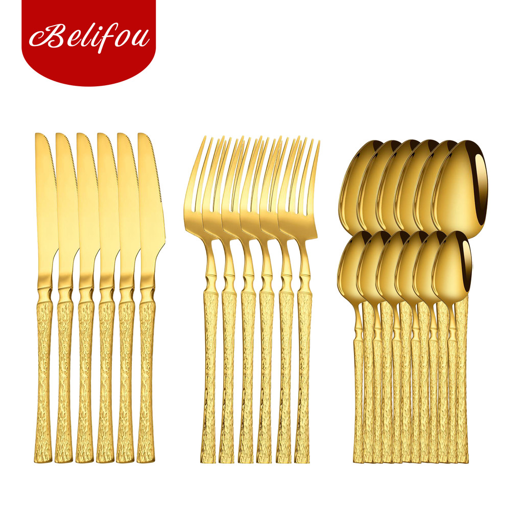 Belifou Kit 24 Jogo De Talheres Aço Inoxidável 416 Cintura Fina Textura Dourado – Vesta