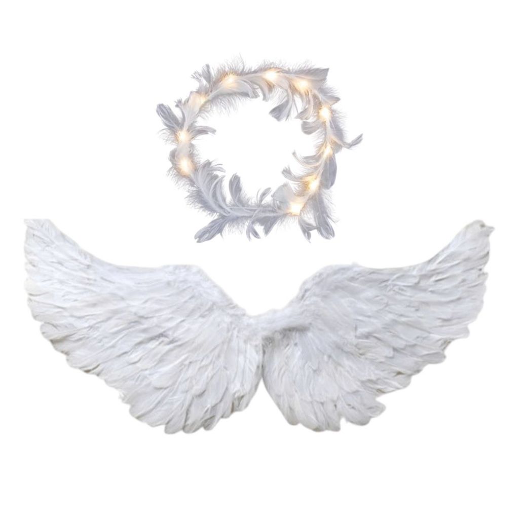 Kit Asa de Anjo + Tiara Auréola com LED ou Sem LED  Fantasia Carnaval, Halloween e Cosplay