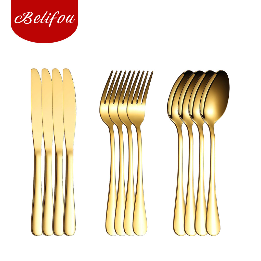 Belifou Kit 12 Jogo De Talheres Para Bife Aço Inoxidável 416 Dourados