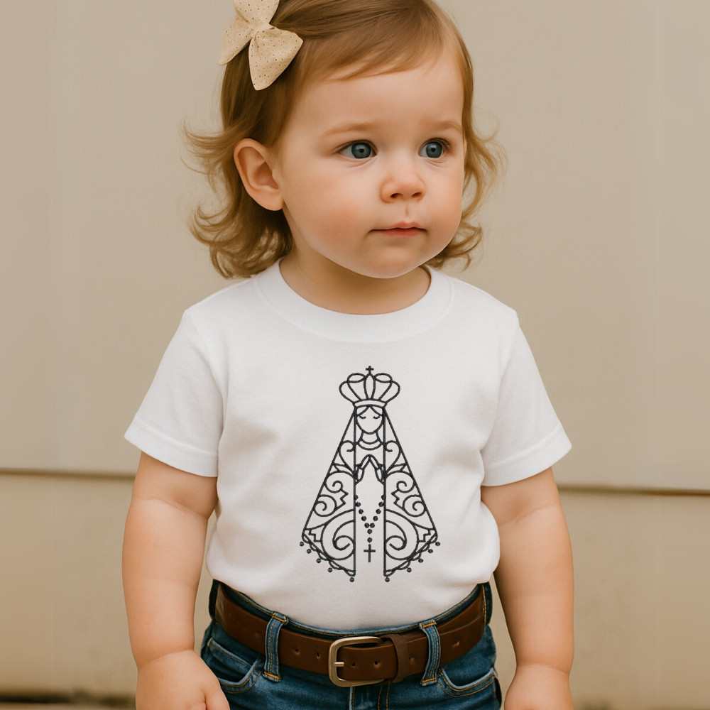 Camiseta 100%Algodão Feminina Country Estampa Nossa Senhora Aparecida Minimalista Fine Line Católica