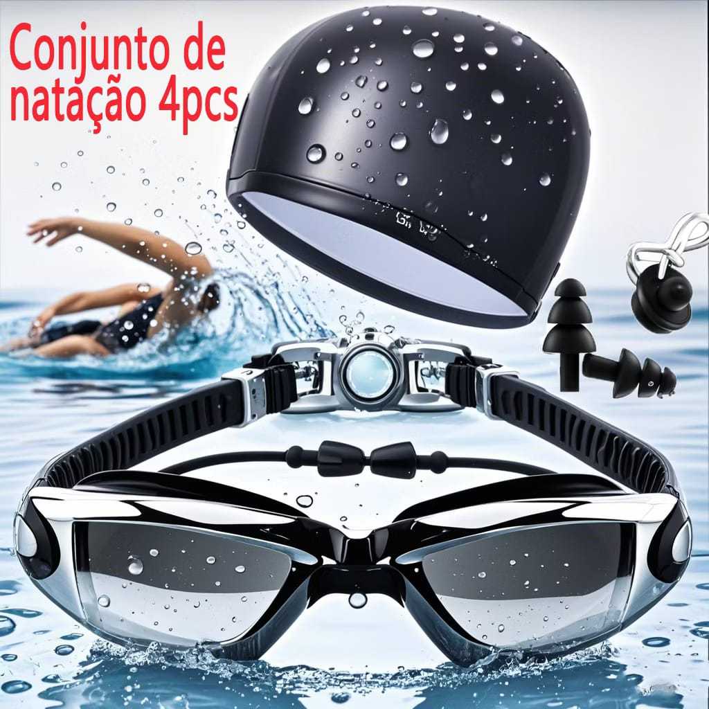 KIT Natação Óculos De Natação Com Estojo De Proteção Tampões Para Orelhas E Touca