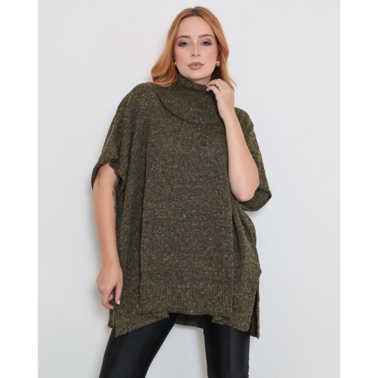 Poncho Longo Feminino Gola Alta Tricot  Meia Manga