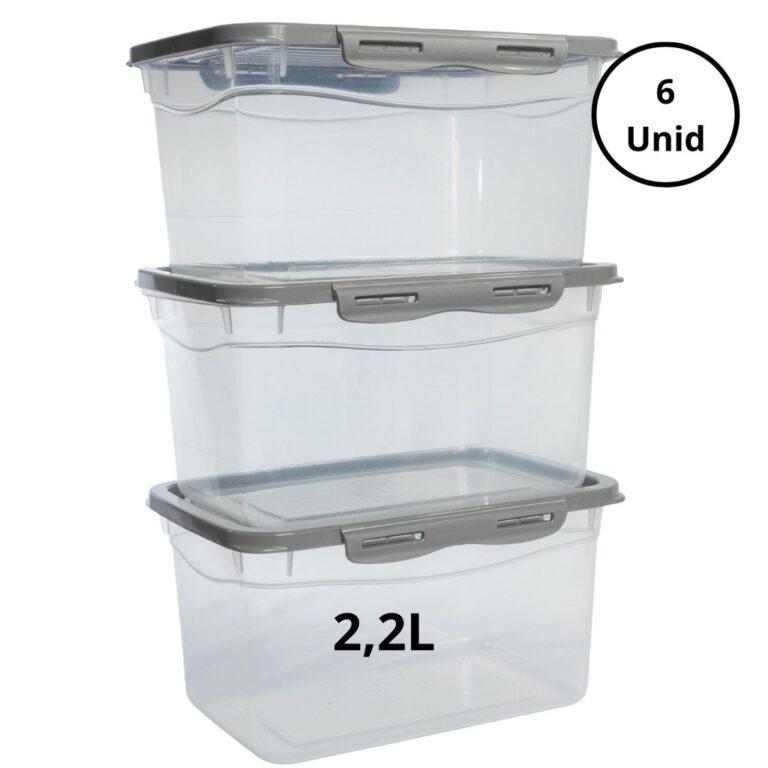 Kit 6 Potes Com Tampa e Trava 2,2L Alto Cinza Free