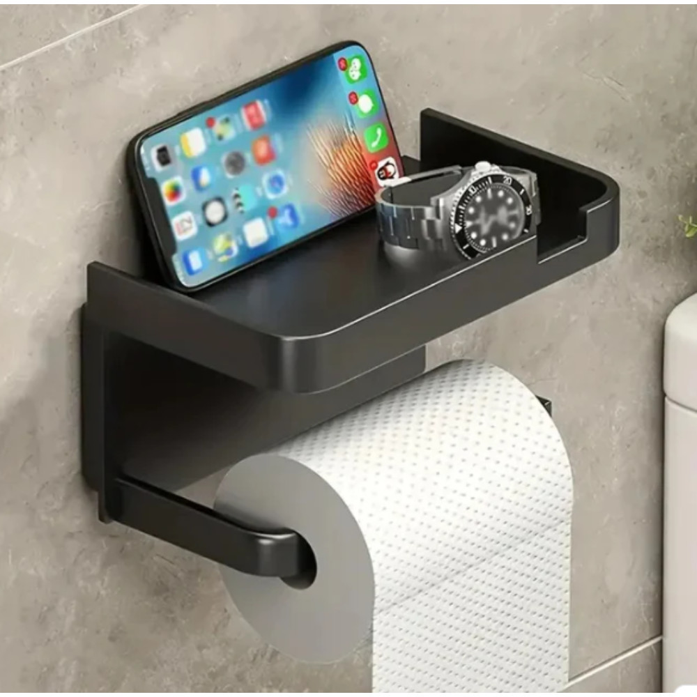 Suporte Porta Papel Higiênico Preto com Suporte para Celular Banheiro Lavabo Adesivo Sem Furo