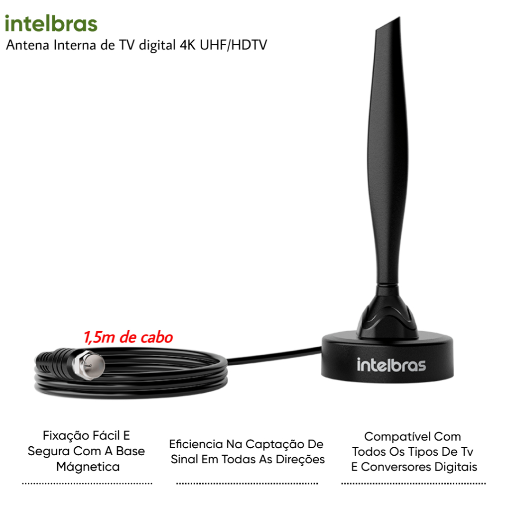 Antena Digital Para TV UHF – HDTV Interna Com Imagens HD 4K Intelbras  AI 1015 – 1,5 Metros de Cabo.