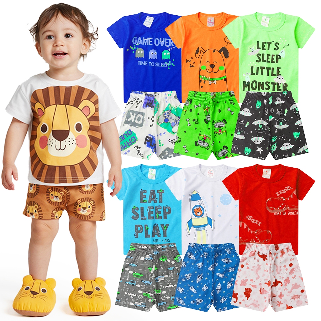 Kit de 2, 4 ou 6 Peças Pijama Infantil Brilha no Escuro Menino Verão Roupa Infantil Masculino