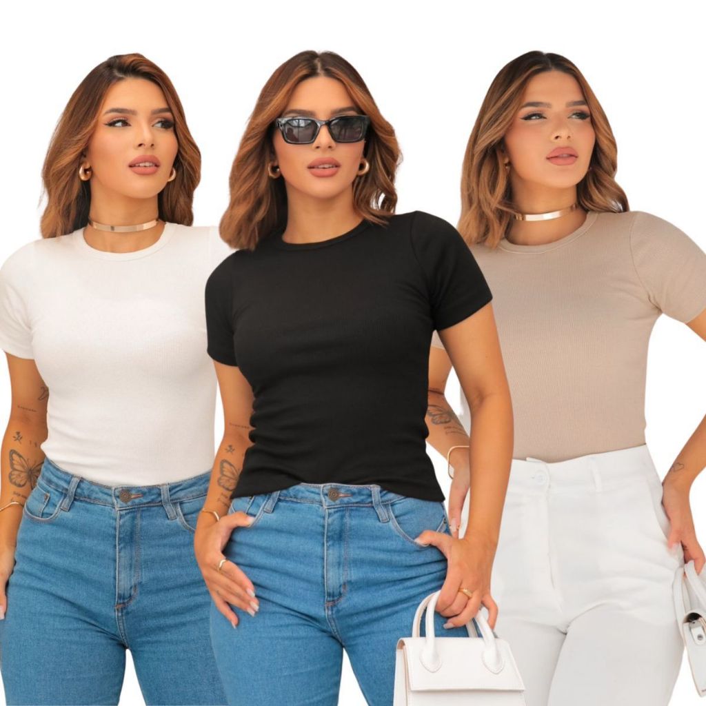 Kit 3 Blusas Ribana Casual Feminina moda Moderna tendência Algodão