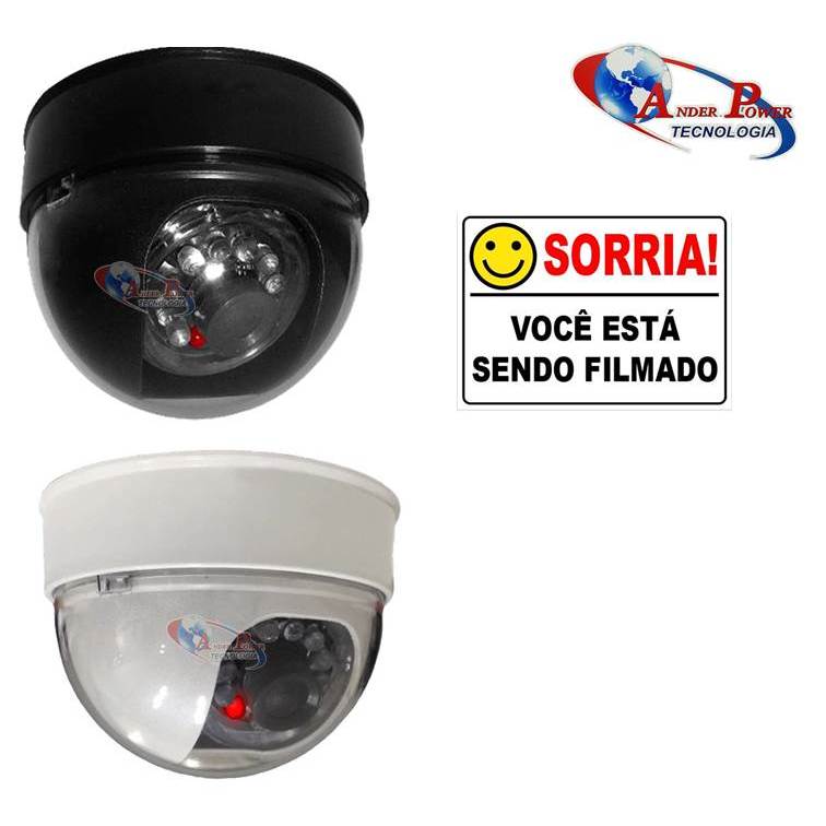 Câmera Dome Falsa Fake cor Branco Preto com Led e