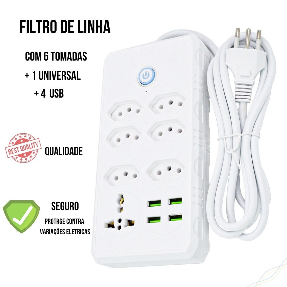 Régua Filtro de Linha com 7 Tomadas Extensão Elétrica 1 Universal 4 USB Bivolt 10A Cabo de 2 Metros