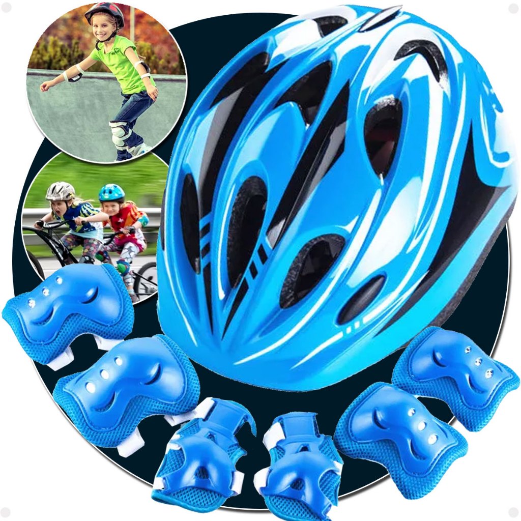 Kit Proteção Infantil 7 pçs Capacete Reforçado Joelheira Cotoveleira Luvas Bicicleta Patinete Skate