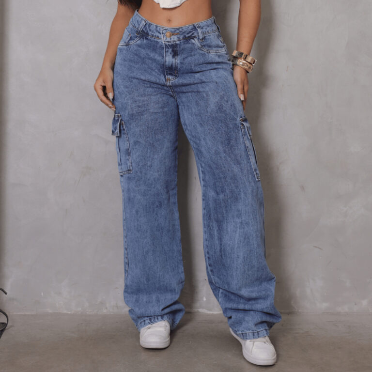Calça Jeans Wide Leg Cargo Feminina Cintura Alta 