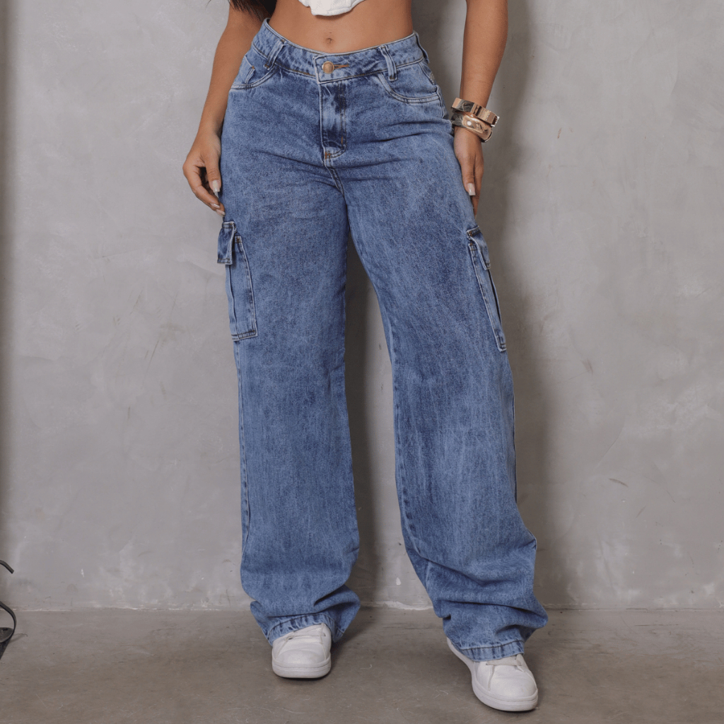 Calça Jeans Wide Leg Cargo Feminina Cintura Alta Premium