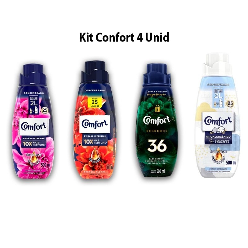 Amaciante Comfort Concentrado 500ml Kit com 4 Unidades Sendo um Hydra, 36 Segredos Puro cuidado e Br