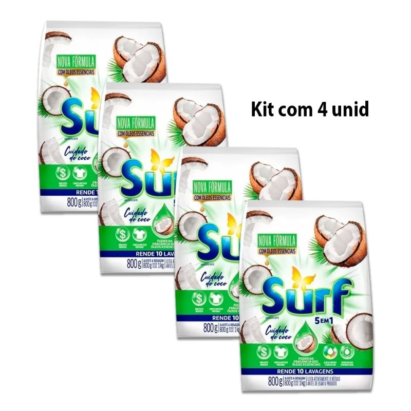 Sabão em pó Surf Coco Lava Roupas Coco kit com 4uni de 800g