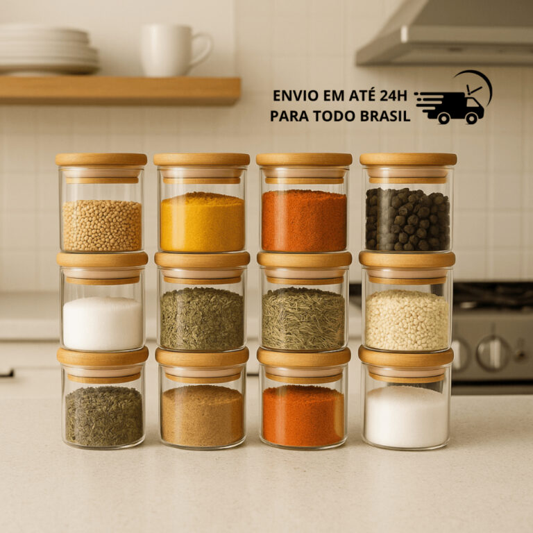 Kit 12 Potes de Vidro 200ml com Tampa de Bambu Her