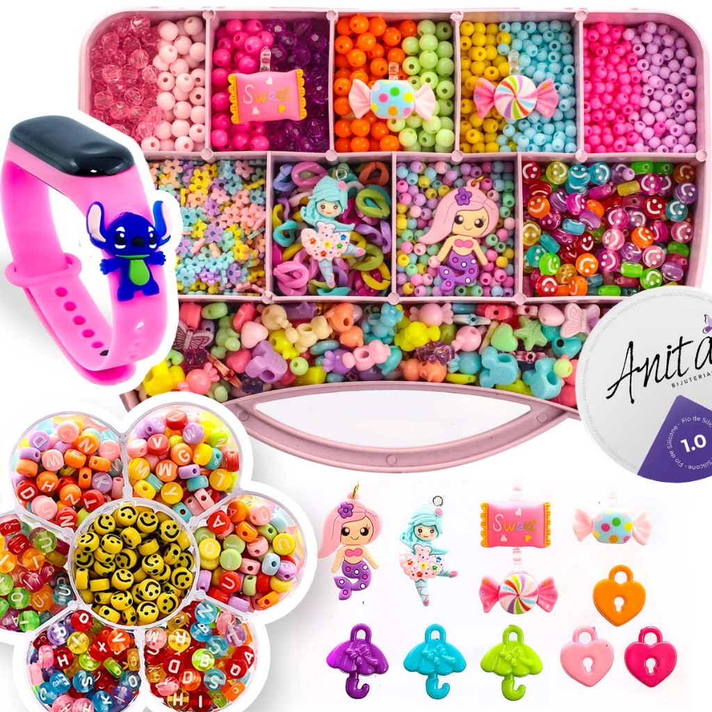 Kit Miçangas Infantil 3500 Pçs Para Montar Pulseiras Bolinhas Maleta 19×13 Cm 1 Relógio Digital Stit
