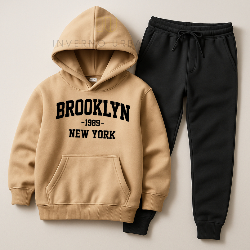 Conjunto Moletom Infantil Estampado Brooklyn NY Flanelado Varias Cores
