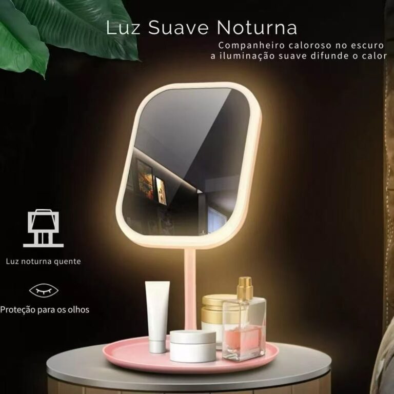 Espelho de Mesa LED Portátil Dobrável Recarregá