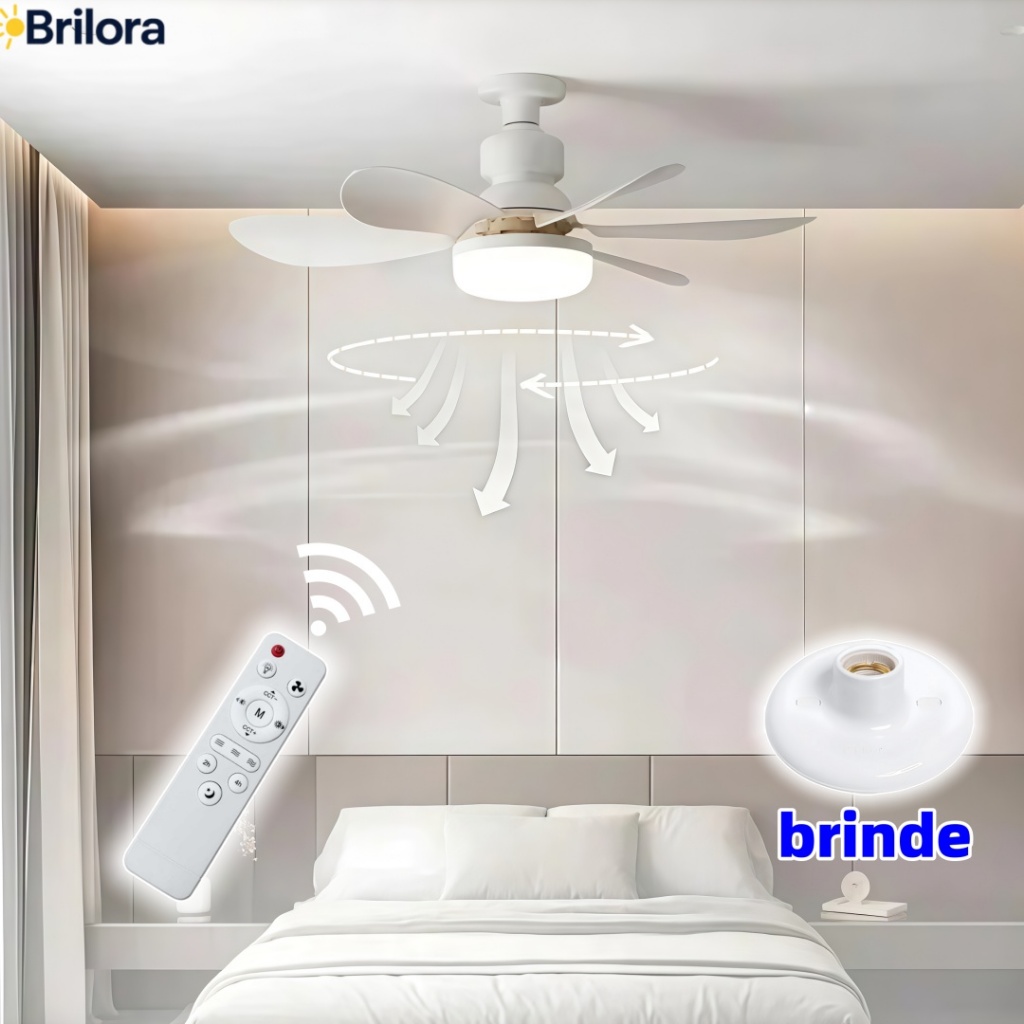 Ventilador de Teto Turbo Silencioso Oval 60W/80w 6 Pás LED 3 Cores E27 Controle Função Timing Bivolt