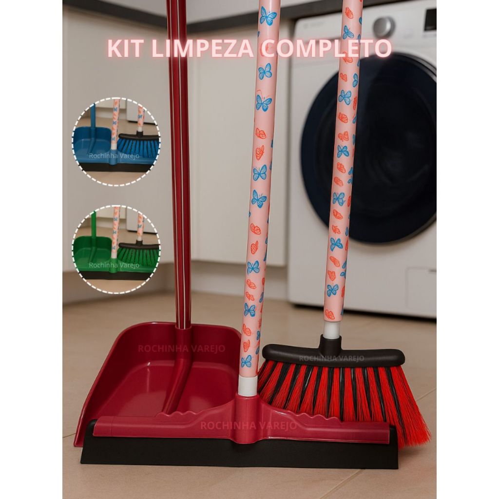 Kit Vassoura Com Cabo Rodo Duplo de 40cm Pá de Lixo Com Todos Os Cabos