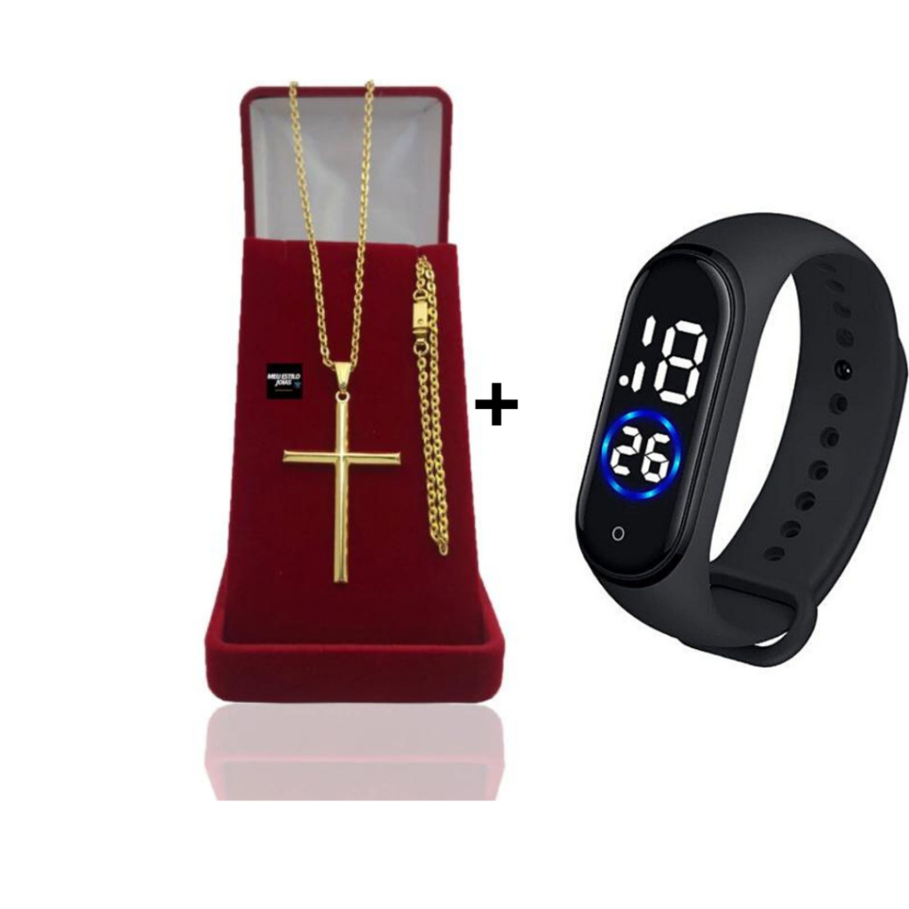 Corrente Masculina Infantil Cadeado Banhado Ouro 2mm  Pulseira e Pingente Cruz Palito +  Relógio Dig