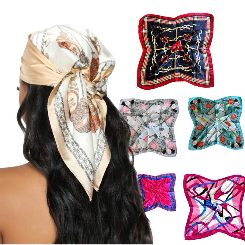 KIT 1/2/3 Peças Lenço de Cabelo Feminino Estampado Tecido Cetim Tamanho 50×50 – WL