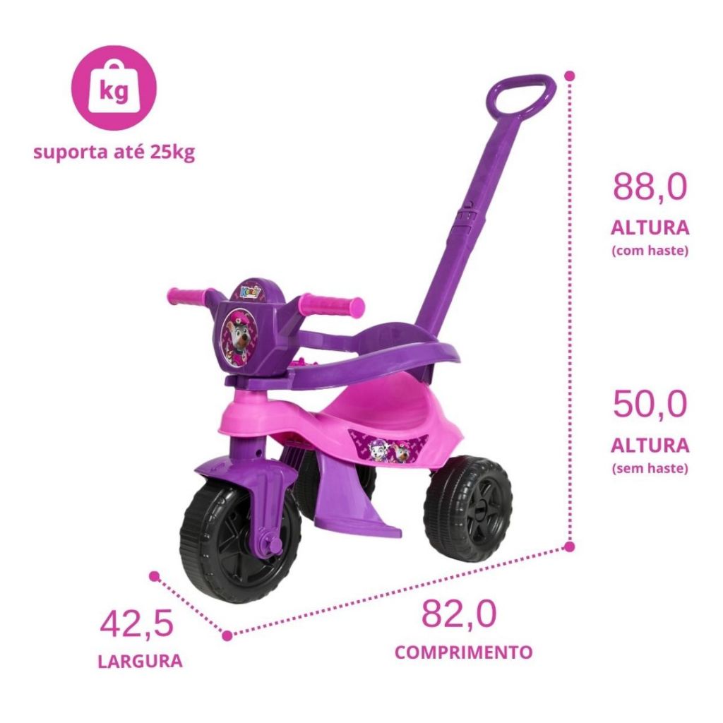 Motoca Triciclo Velocipide Kendy Patrulha Canina C/ Empurrador e Proteção Lateral Bebe Menino e Meni